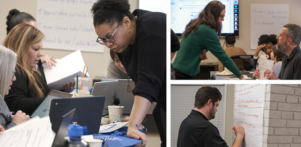 A collage of photos of partner school faculty learning writing instruction best practices during a summit hosted by The Writing Revolution